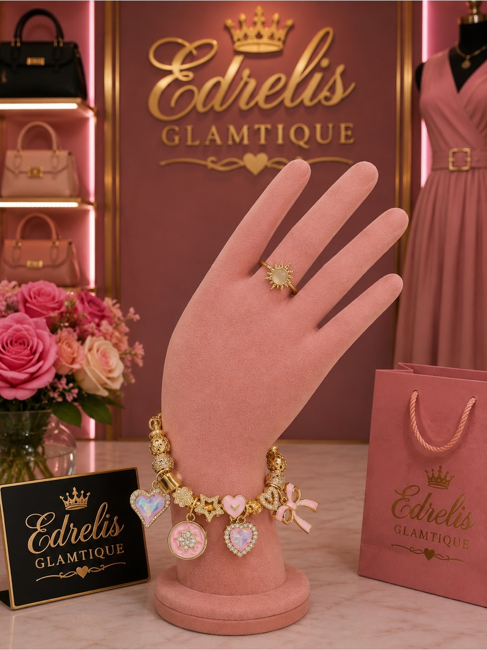 Pink and Gold Charm Bracelet & Sun Ring Set